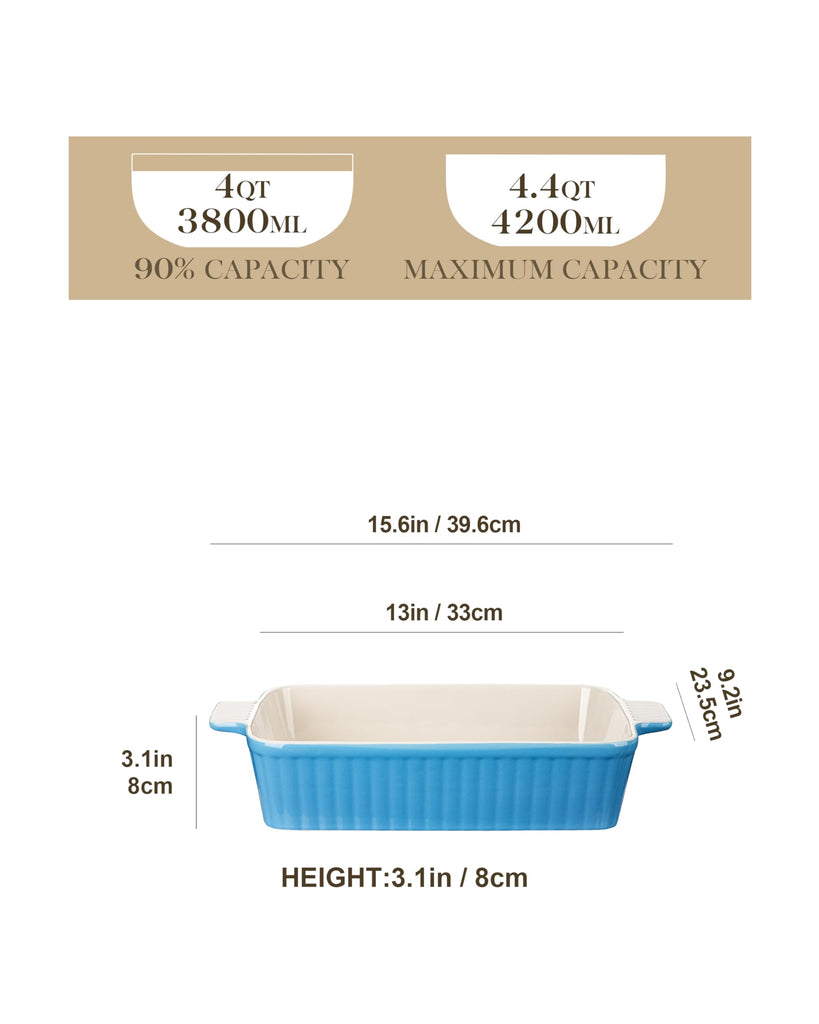 4.4 QT Ceramic Casserole Dishes for Oven, 9x13 Baking Dishes, Blue