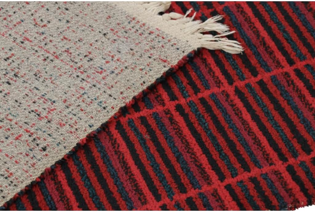 Vintage Swedish Rya Rug, Scandinavian Stripes in Red and Black