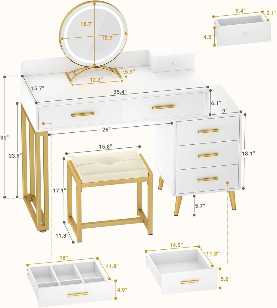 White Vanity Desk with Mirror and Lights, Modern Makeup Vanity Table Set with 6 Storage Drawers and Cushioned Stool