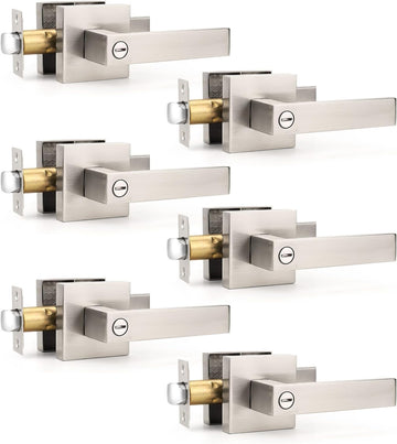 6 Pack Privacy Square Brushed Nickel Door Handle Interior, Keyless Door Knob /Bathroom, Reversible for Left Right