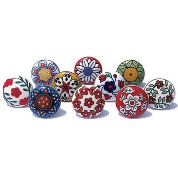 Vintage Multicolor Printed Ceramic Pull Knobs Cabinet, Door & Drawer, Wardrobe, Cupboard (Set of 10) Sknob001
