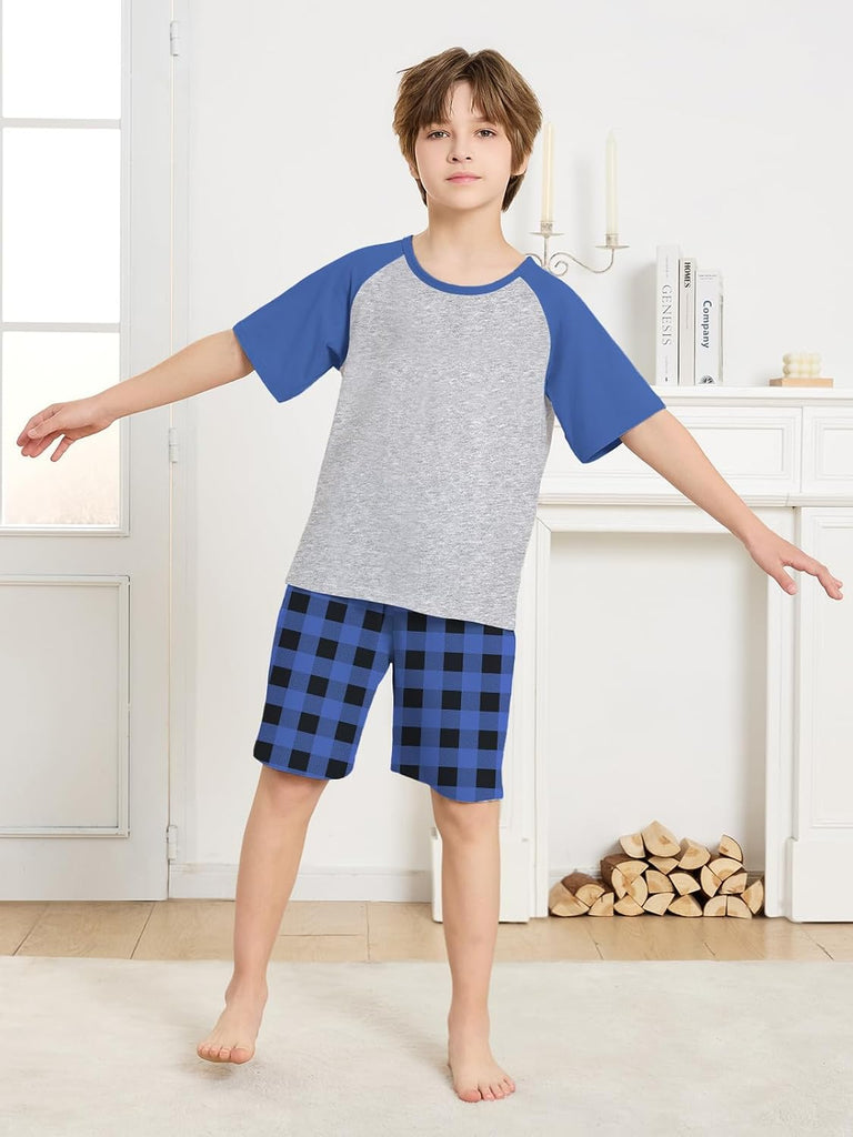 Boys Pajamas Set Two Piece Cotton Sleepwear Kids Short Sleeve Top and Shorts PJS Set with Pockets