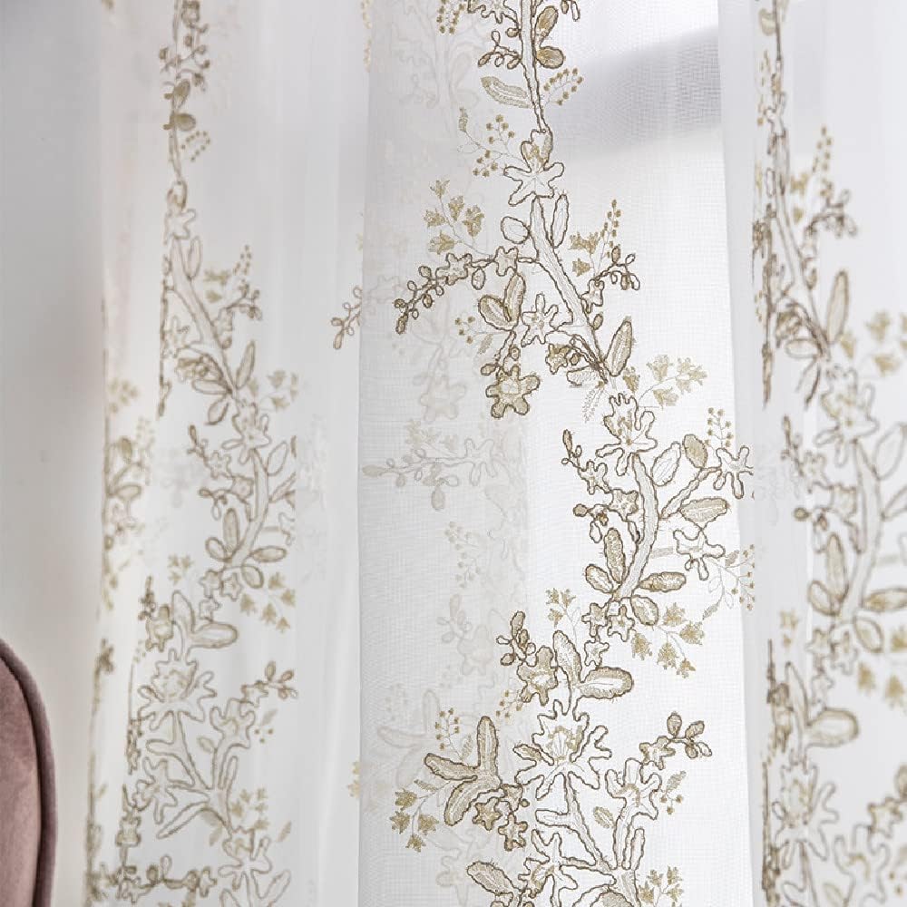 1 Pair Luxury Embroidered Tulle Curtains for Living Room Wedding 3D Gold Flower Sheer Curtains (White,63x96 Inch)