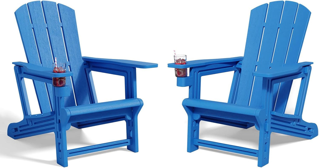 Adirondack Chair Set of 2, All Weather Plastic Adirondack Chairs, Fire Pit Chairs with Cup Holder, Outdoor Lawn Chair