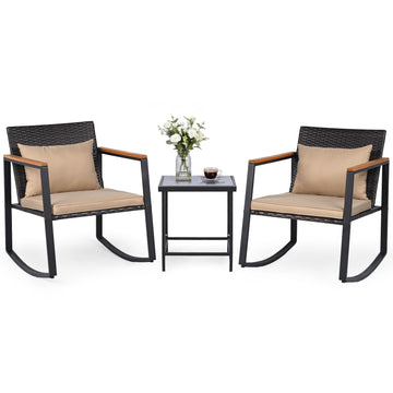 3-Piece Outdoor Rocking Chair Set, Beige Cushion & Natural Armrest