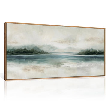 Abstract Sage Green Beige Landscape Framed Canvas Wall Art Set, Watercolor Pastel Mirror Lake Mountain Wall Decor