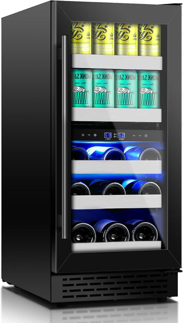 15 Inch Wine and Beverage Refrigerator,13 Bottle & 48 Cans Black Dual Zone Bever
