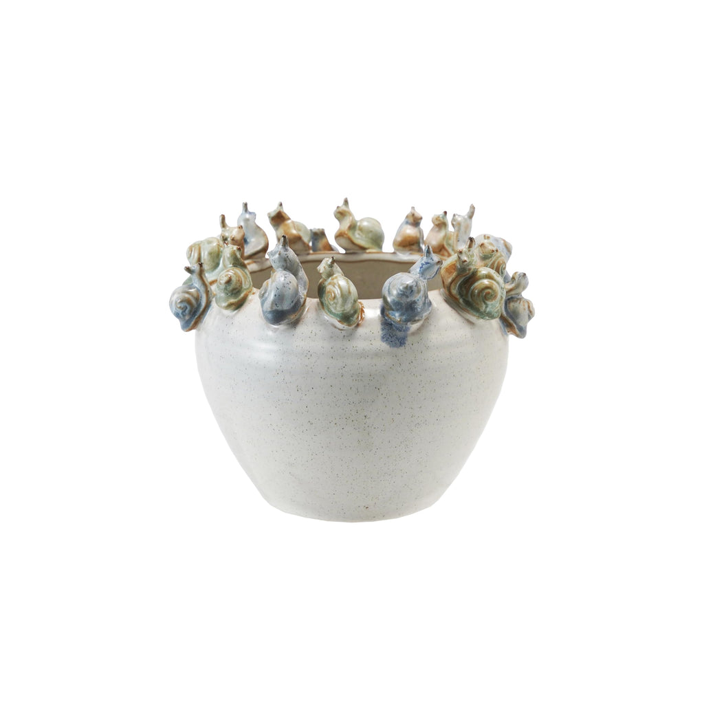 Stoneware Planter with 3D Snails on Rim in Reactive Speckled Glaze, Blue, Green, and Cream Finish