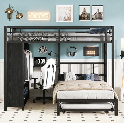Queen Over Twin XL bunk Bed with Foldable Desk and Wardrobe and Twin Trundle, loft Bed with Desk and Desk
