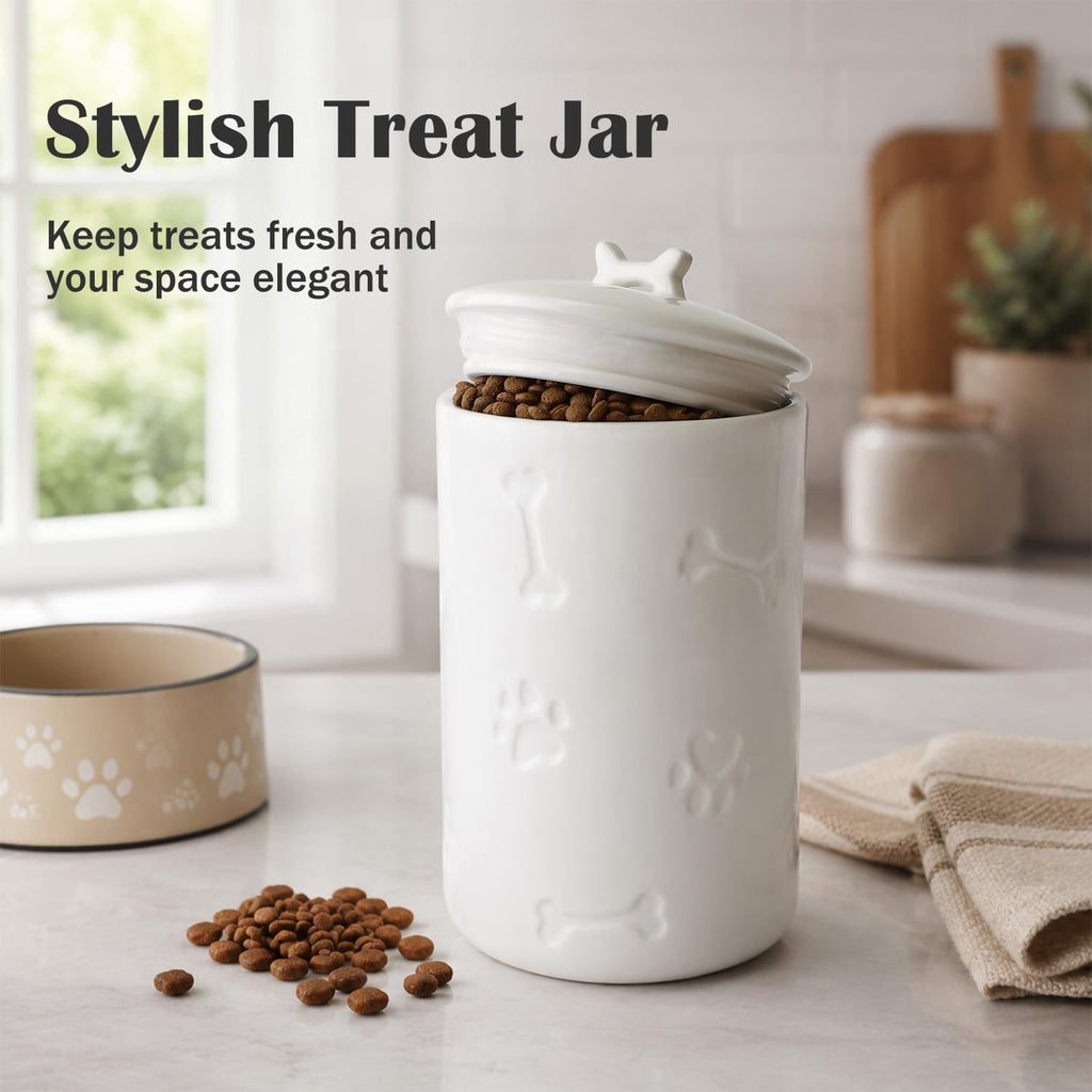 Dog Treat Container Airtight - 9"x5" Ceramic Big Treats Jar with Lid(White)