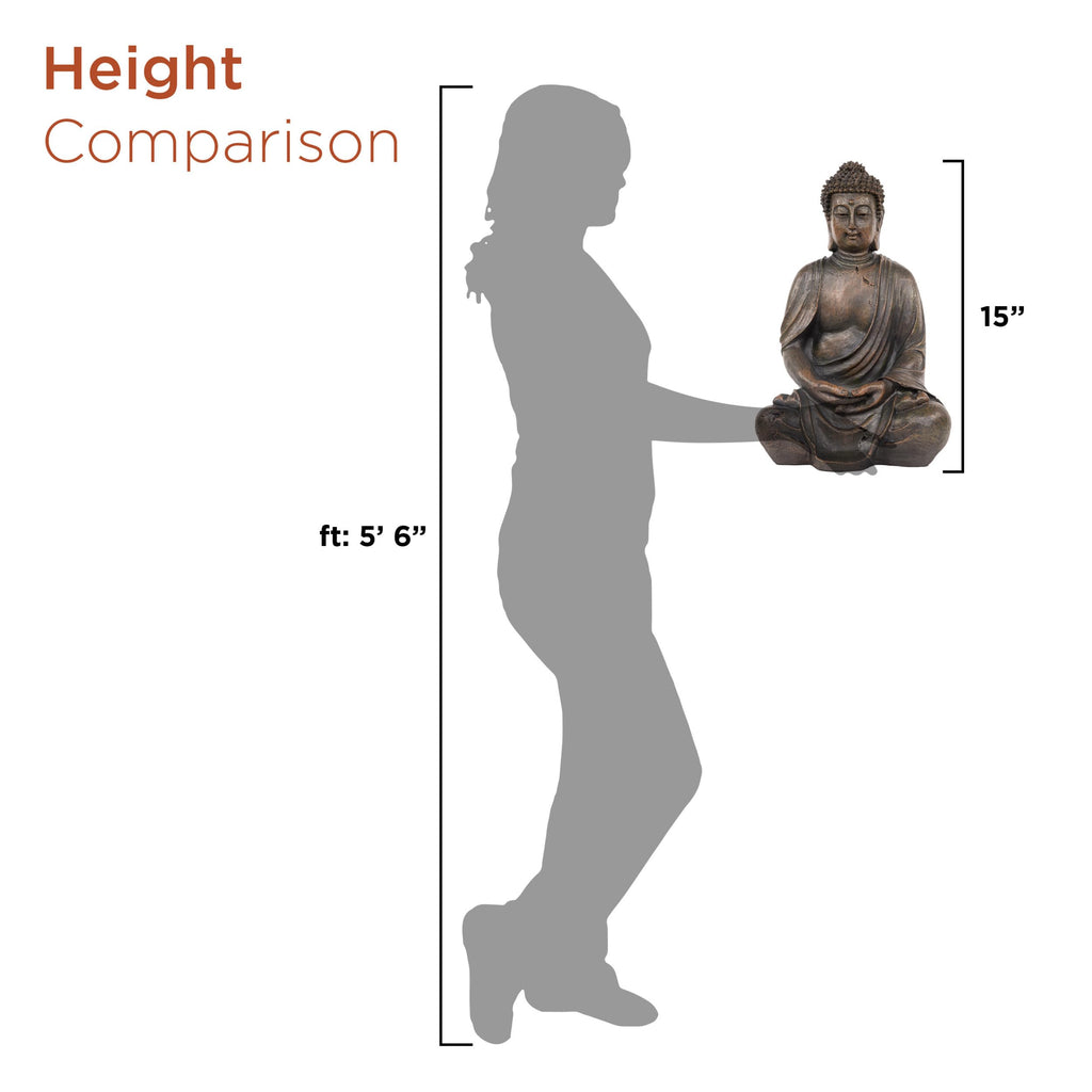 15" Tall Indoor/Outdoor Meditating Buddha Statue, Tabletop Garden Decor, Bronze