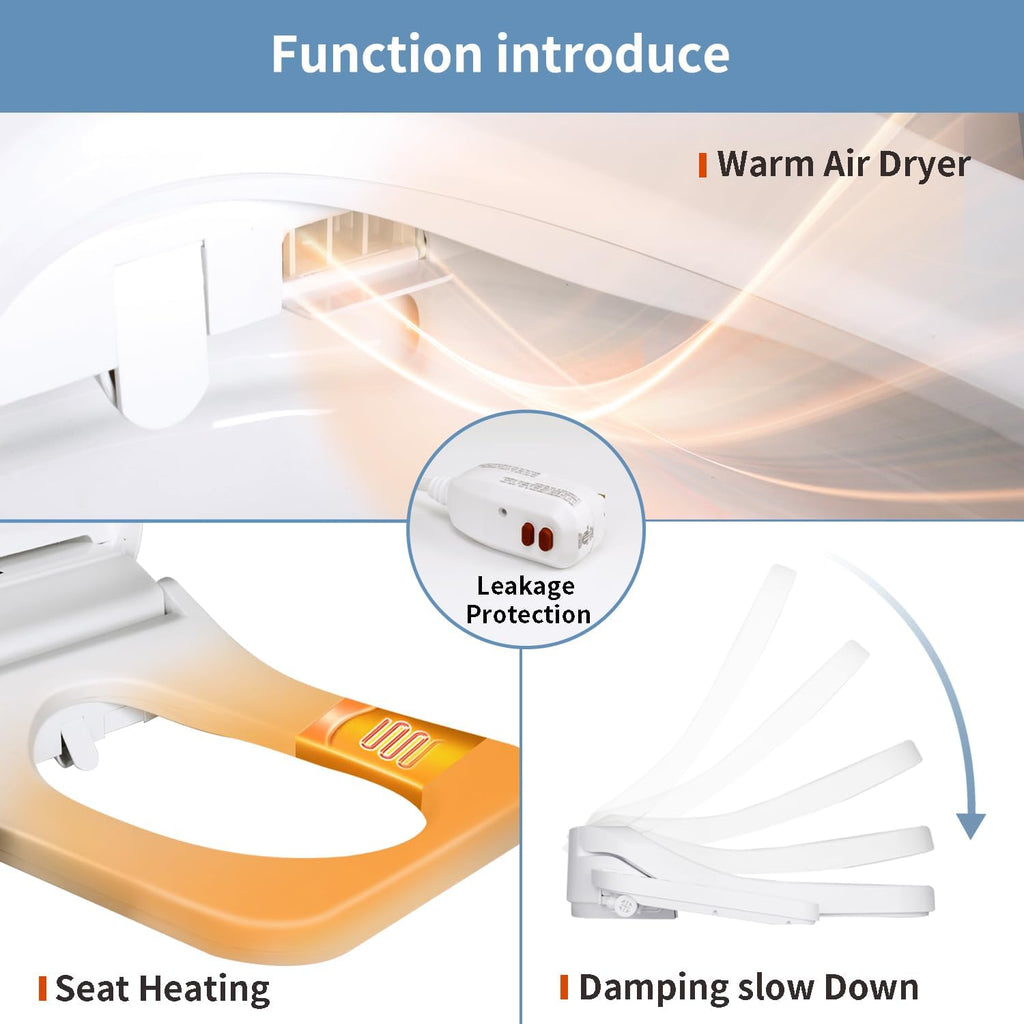 Square Electric Bidet Toilet Seat with Heated Water Cleansing, Warm Air Dryer, Adjustable Temperature, Front and Rear Nozzle Wash