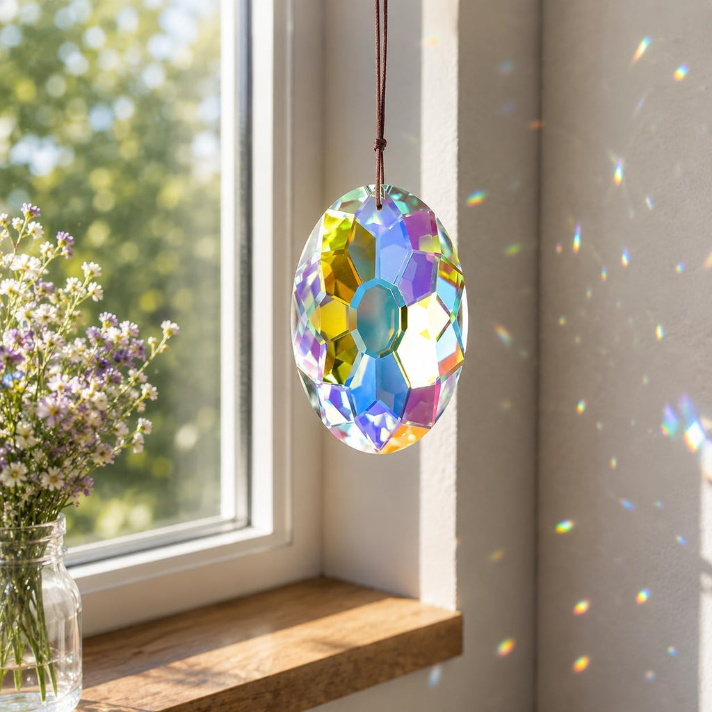 3.5 Inch Oval Crystal Prism Suncatcher, AB Rainbow Maker - AB Coating Faceted Glass Pendant, Colorful Light Catcher