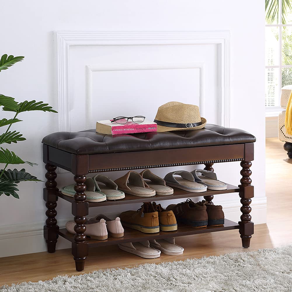 Shoe Bench, Wood Storage Bench with Cushion Seat, Shoe Rack with Hidden Storage Space Living Room Bedroom Hallway