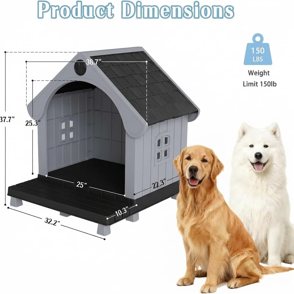 Large Dog House Outdoor, Plastic Weatherproof Dog House with Elevated Floor and Open Front, Easy to Clean & Assemble