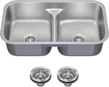 Premier 32-inch Undermount 50/50 Double Bowl Low Divider 18-Gauge Stainless Steel Kitchen Sink with Strainers (x2)