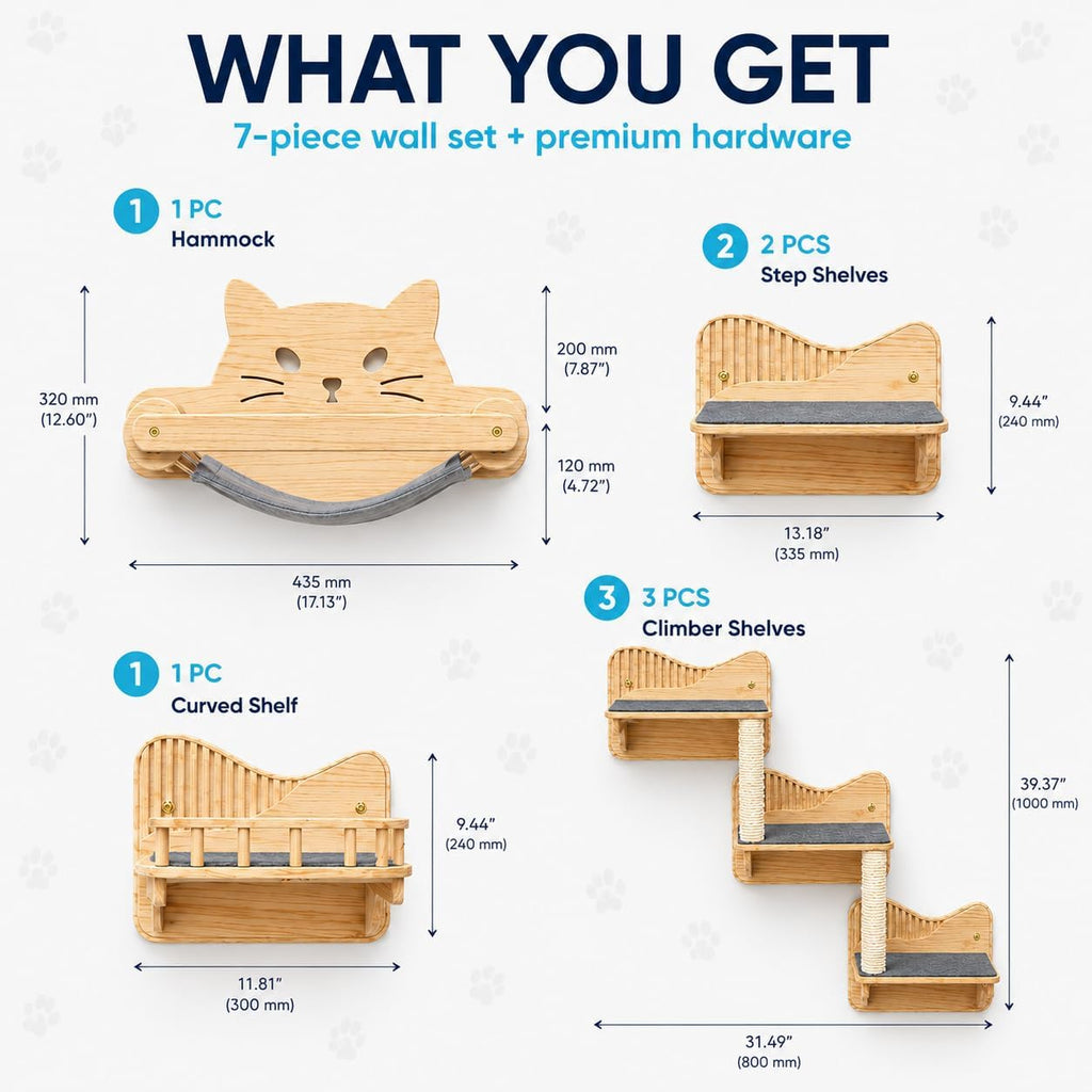 Cat Shelves for Wall - Cat Climbing Shelves Furniture Set with Steps, Scratching Posts and Cat Hammock - Solid Pine