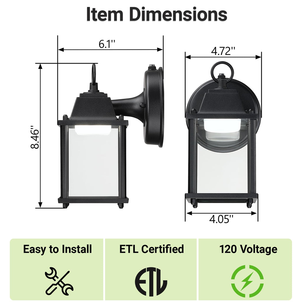 Outdoor Wall Light Dusk to Dawn, Aluminum, LED 5000K, Black 1 Pack