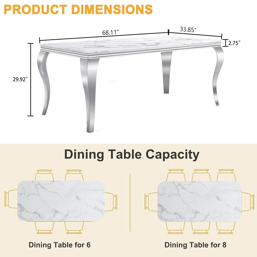 Modern Dining Table for 6-8, 68 Inch White Marble Kitchen Table with Silver Mirrored Cabriole Legs, Luxurious