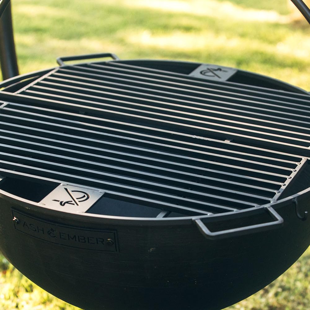 Ash & Ember 30" Cast Iron Cauldron Fire Pit Bowl with Double Hinged Grill Grate-Easy-Lift Handles & Handing Chain