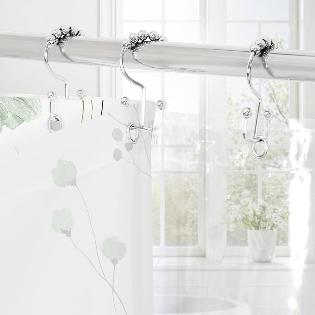 3 in 1 Shower Curtain Set, Sage Green Watercolor Floral Bath Curtain and PEVA Liner Set with 12 Double Sided Steel