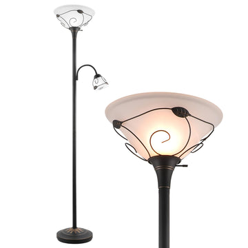 Torchiere Floor Lamp Tiffany Style w/ Side Reading Light, 3-Way Switch Combo Antique Bronze Mother Daughter Floor