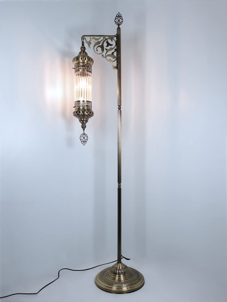 Turkish Moroccan Ottoman Era Style Antique Vintage Standing Floor Lamp, Antique Brass Metal Body, Shatterproof Pyrex