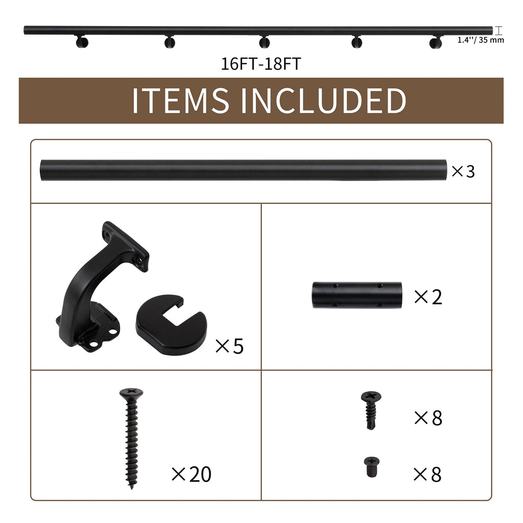17ft Handrails for Indoor Stairs, Deck, Slope, Modern Aluminum Handrail Set, Wall Mounted, with Zink-Alloy Brackets