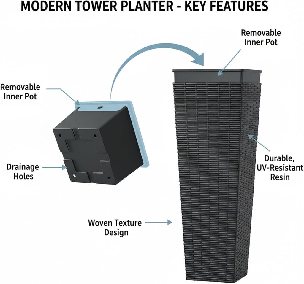 32in Large Planters for Outdoor Plants, Outside Tall Black Planters Set of 2, Resin Front Porch Planters, Outdoor