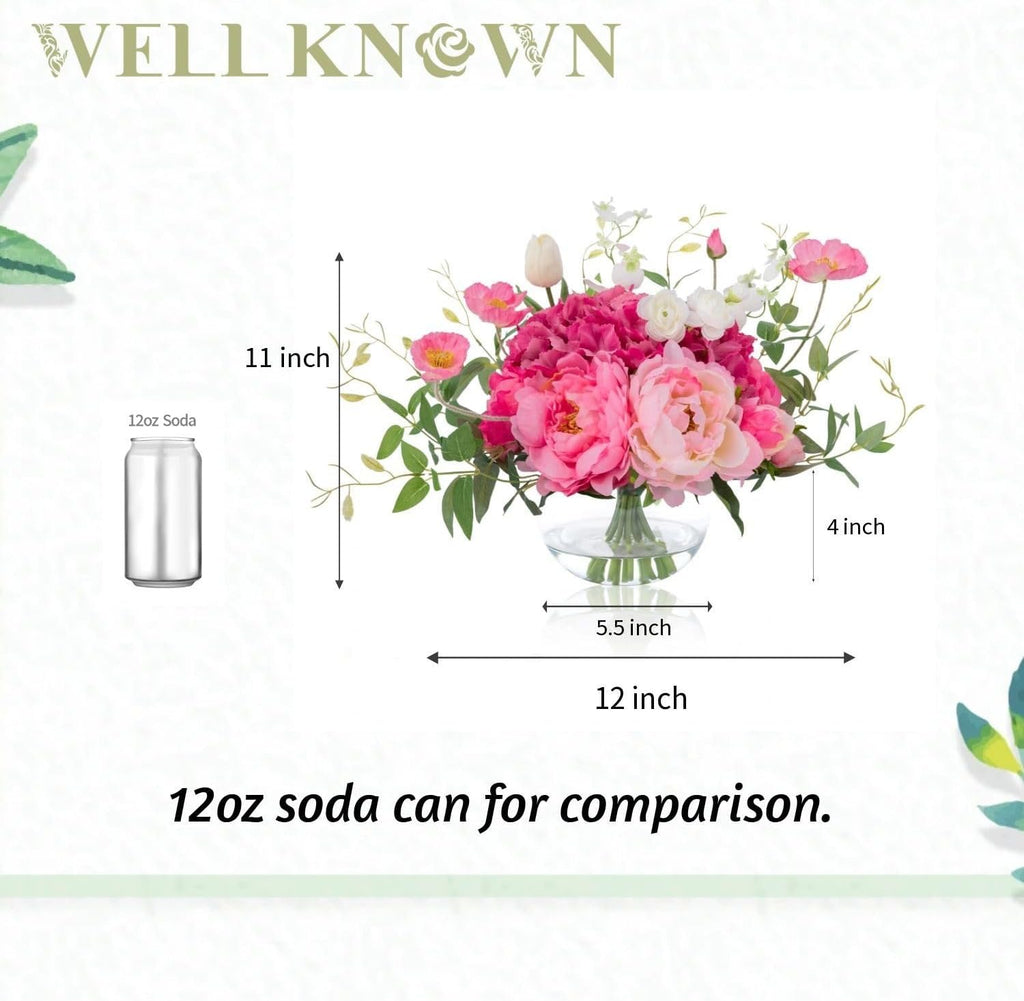 Artificial Flowers in Vase, Silk Hydrangea Bouquet and Peonies Artificial Flowers Table Centerpieces with Faux Water