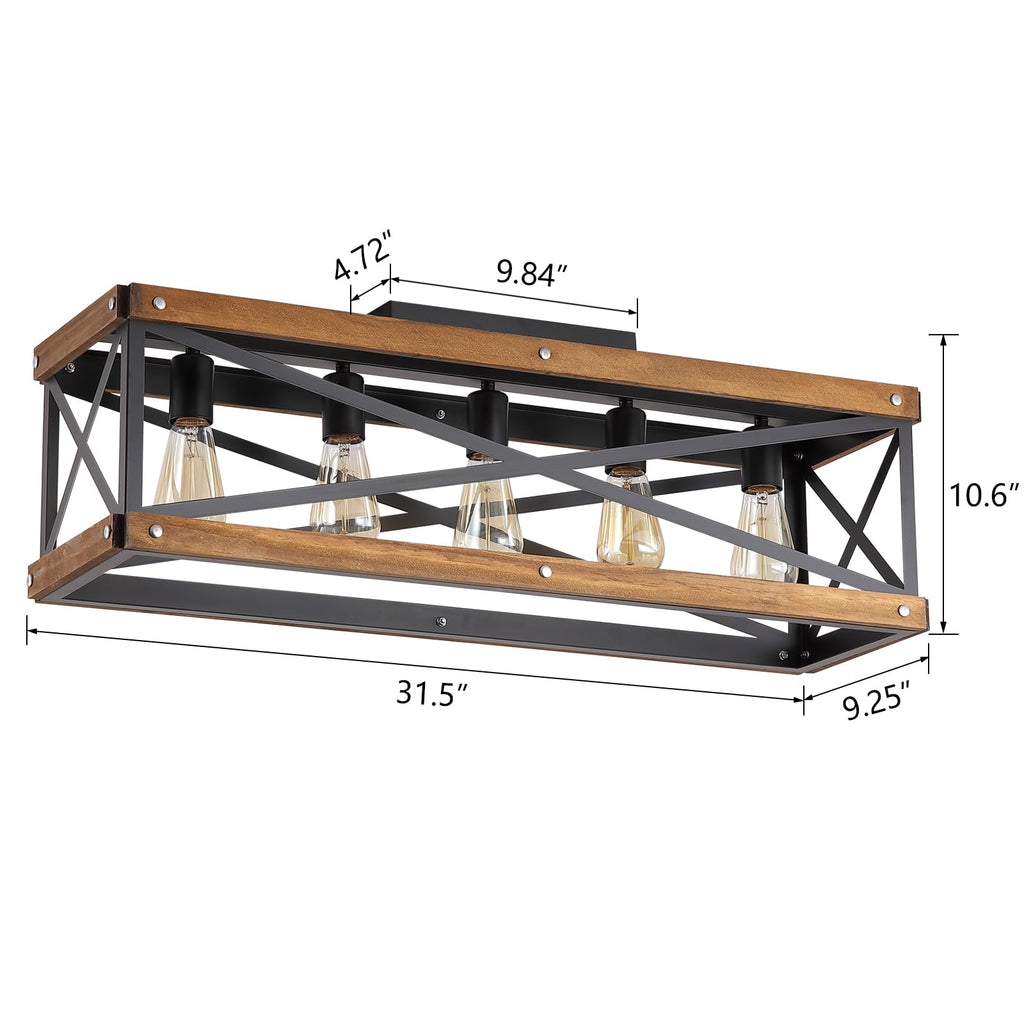 5-Light Large Rustic Farmhouse Wood Flush Mount Ceiling Light Fixture 31.5 inch Oak Wood and Metal Rectangular Track