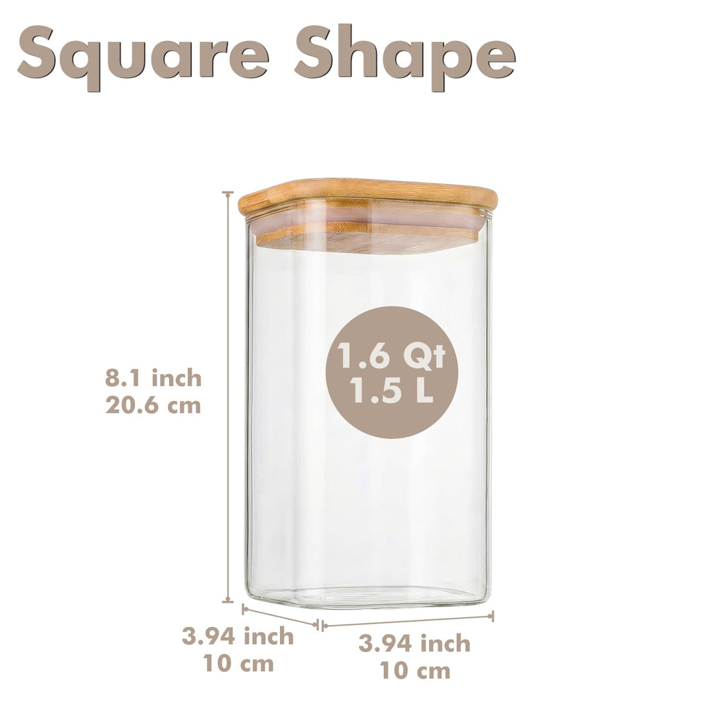 3-Pack 1.6Qt Square Glass Storage Jars with Bamboo Lids