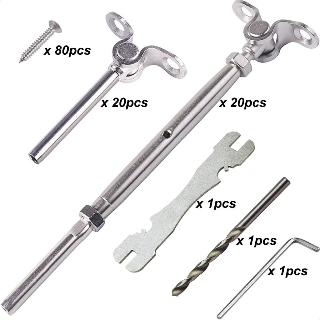 Stainless Steel Cable Railing Hardware Kit, 20 Pairs for 3/16 Cable Railing System, Adjustable Angle, T316 Marine