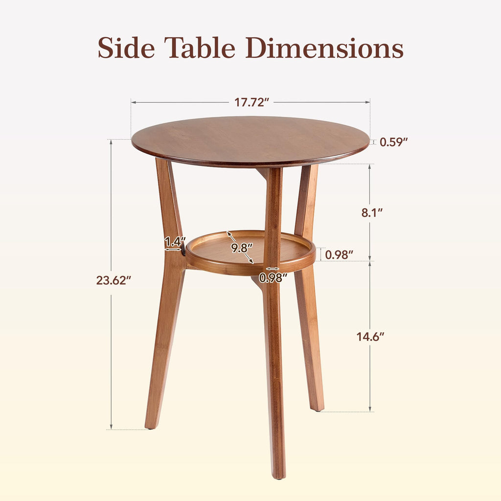 Bamboo Round Side Table, 2-Tier Mid Century Modern Sofa End Table