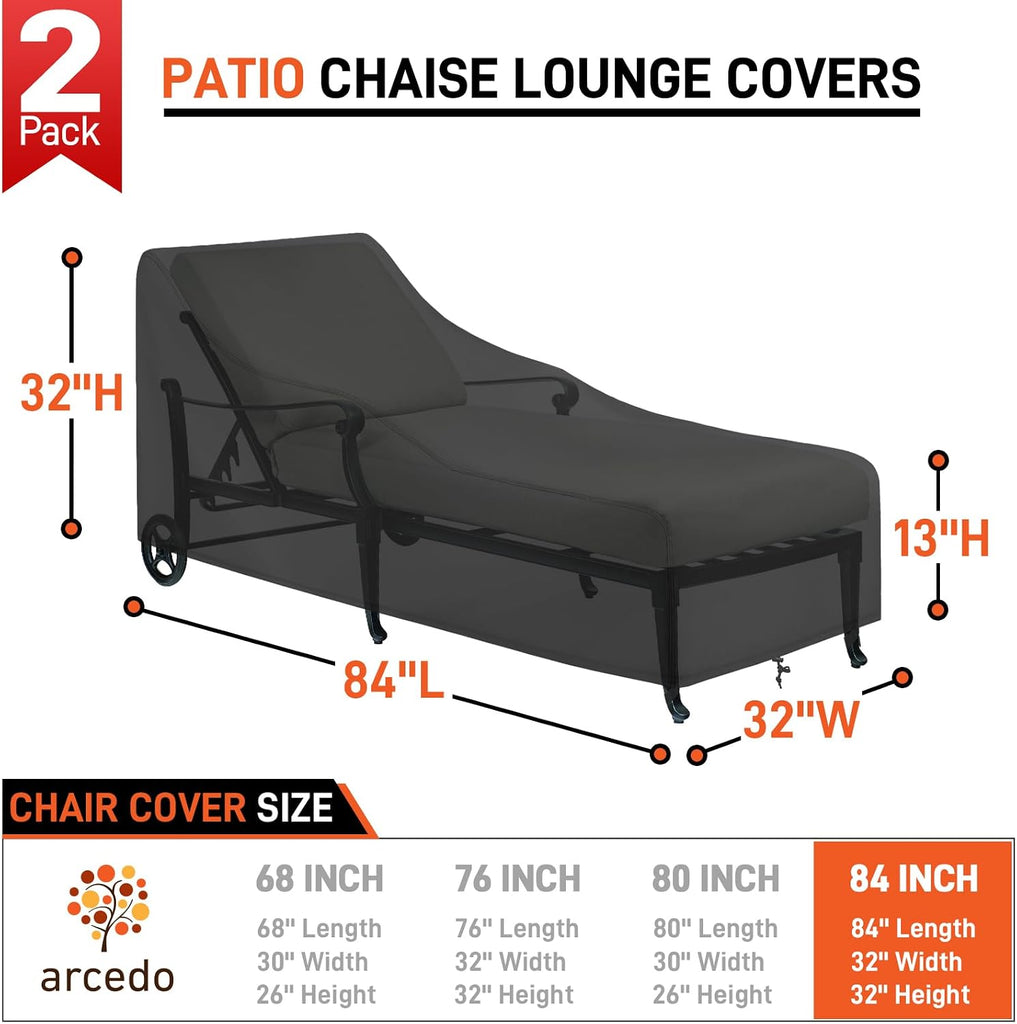 Patio Lounge Chair Cover 2 Pack, 84" x 32" x 32" H, Black | Waterproof, Outdoor Chaise Lounge Covers For Outdoor