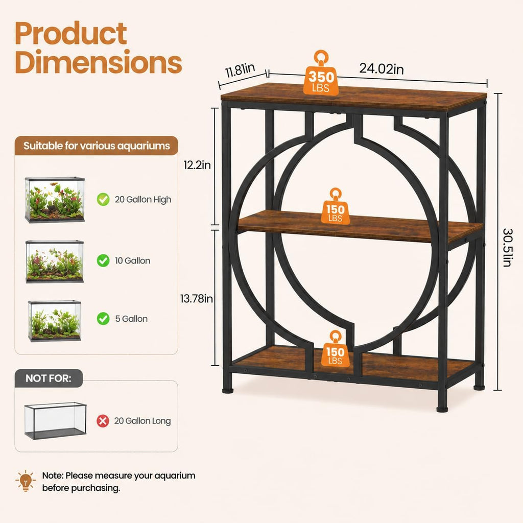 20 Gallon Fish Tank Stand, Aquarium Stand with 3 Tier Storage, Heavy Duty Metal Terrarium Stand, 24.02" x 11.81" x