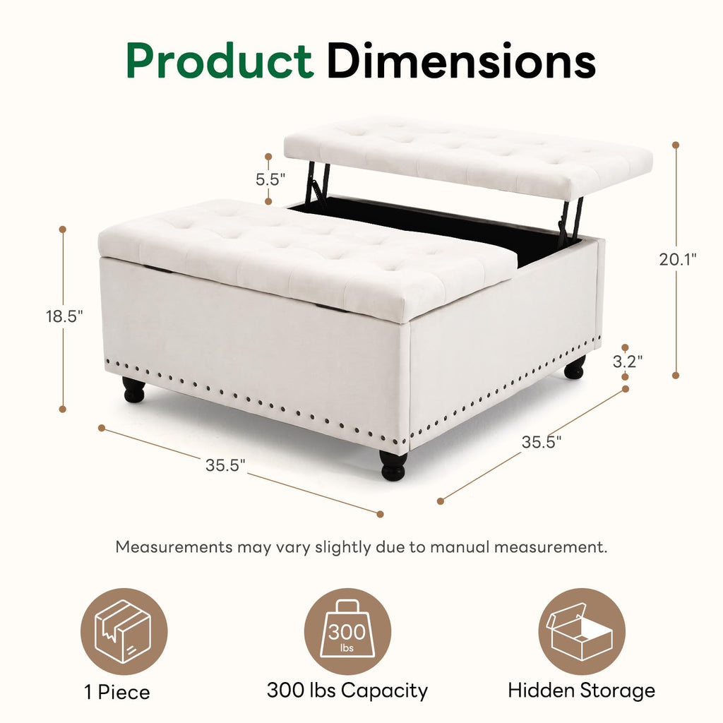 35.5 Inch Large Square Ottoman with Storage, Lift Top, Beige