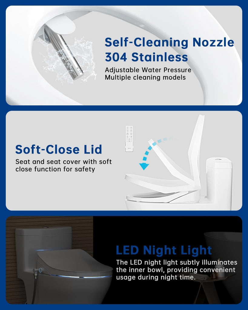 Heated Elongated Smart Bidet Toilet Seat with Feminine Wash and Air Dryer, Adjustable Water Temperature, Pressure and Nozzle Position, Soft-Close Lid