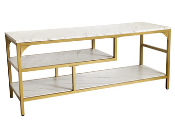 3-Tier Stand for TV Media Console Table with Open Shelving Storage Bedroom (Gold Frame with White Faux Marble top PB
