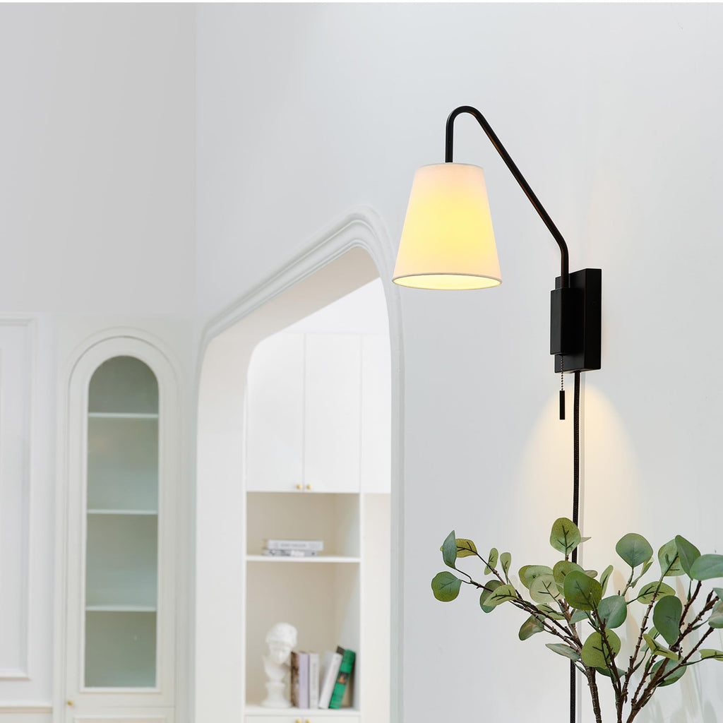 Matte Black Swing Arm Plug-in or Hardwire Wall Sconce with White Fabric Shade
