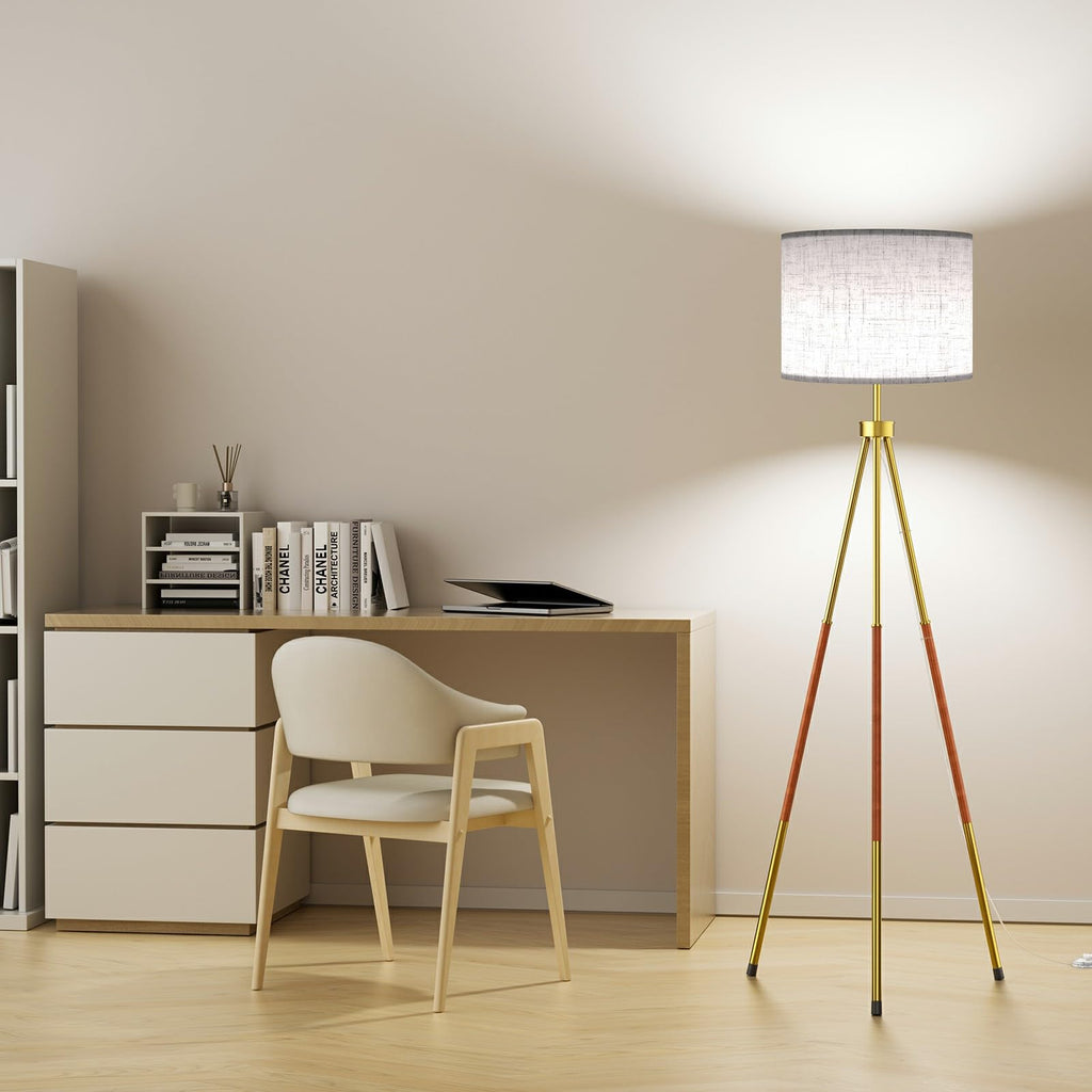 Mid Century Wood Tripod Floor Lamp with Remote & Foot Switch
