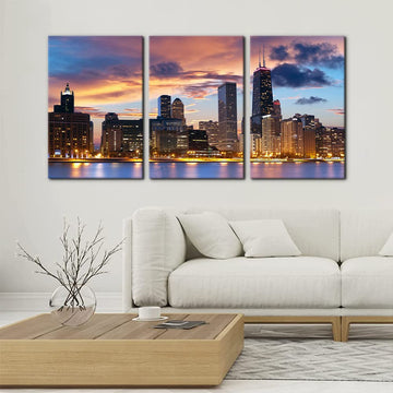 3 Pieces Cityscape Canvas Wall - Chicago City Sunset Night Skyline Pictures Print on Canvas City Landscape Modern