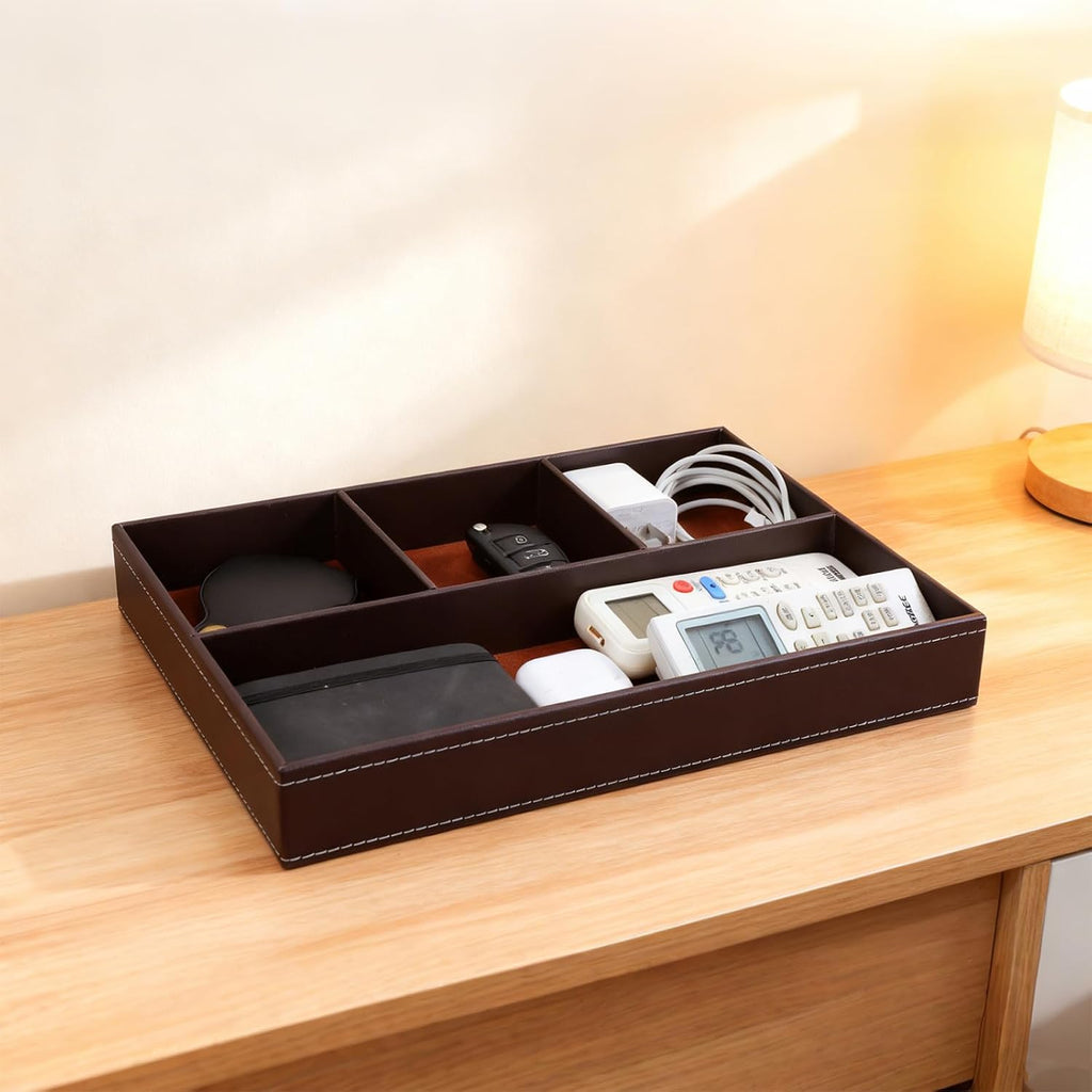 Valet Tray for Men, Mens Valet Tray Stackable Leather Organizer, Brown Drawer Trays for Watch, Wallet - Set of 2