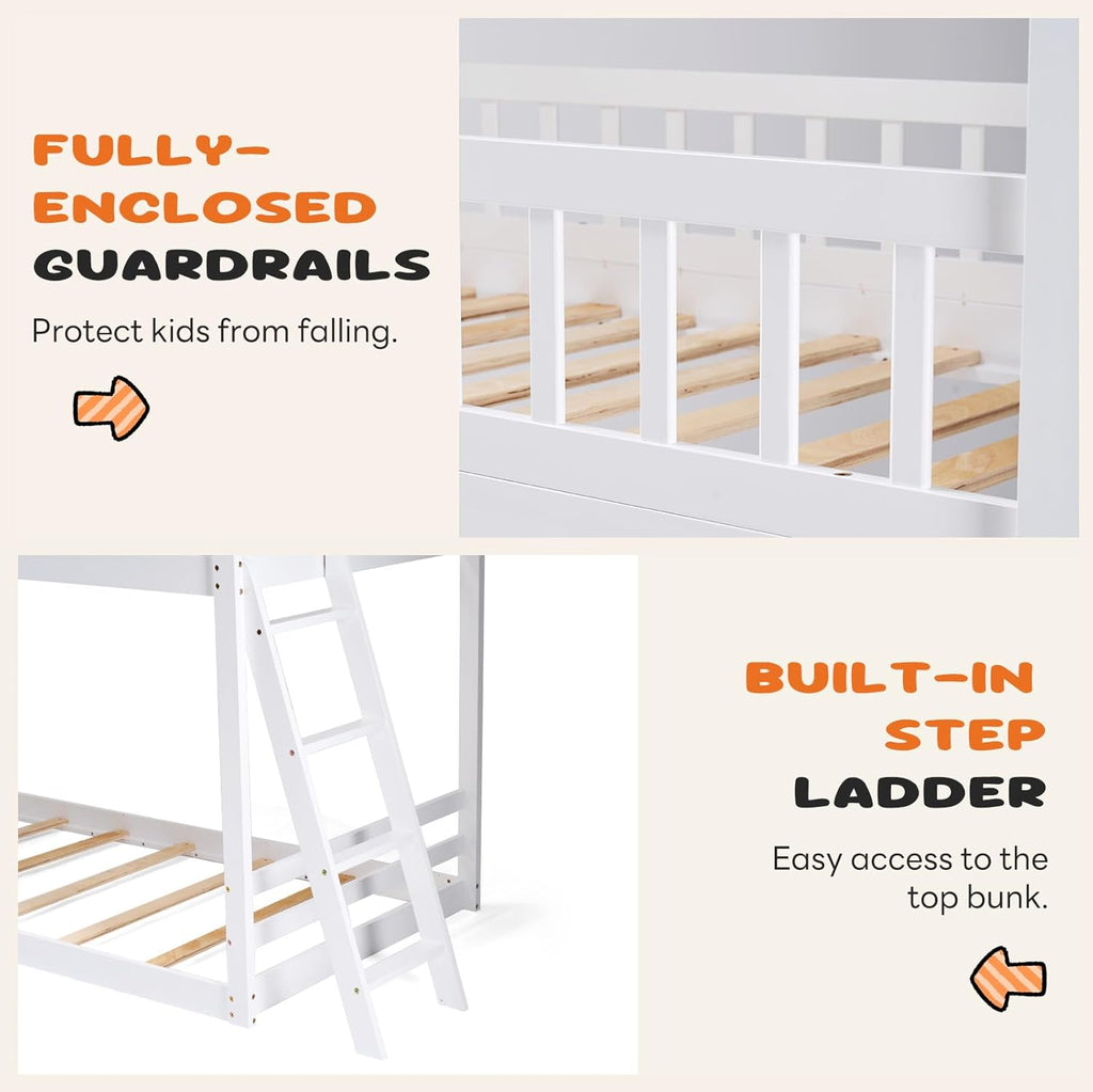 Wood Twin Over Twin House Bunk Bed, Loft Bed with Ladder, Safety Guardrail, Wooden Slats & Window