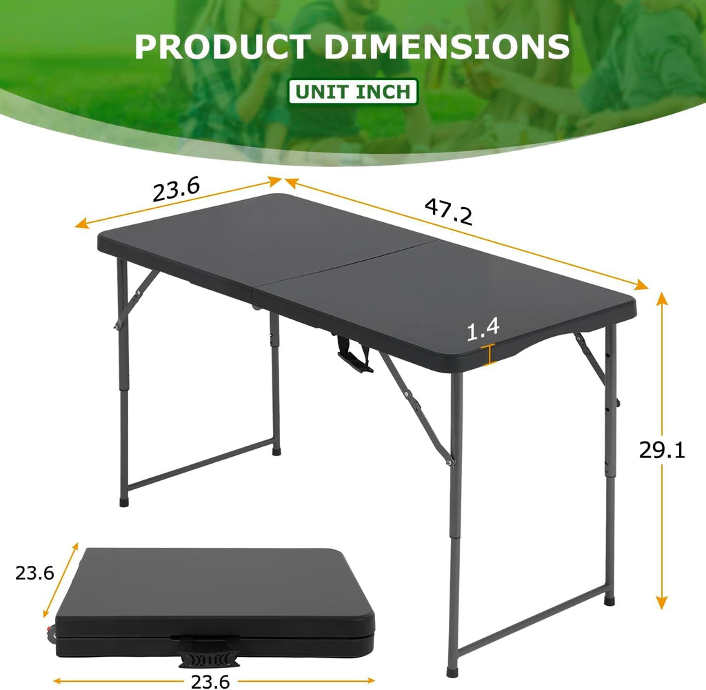 4ft Folding Table, Adjustable Height Plastic Foldable Table, Black