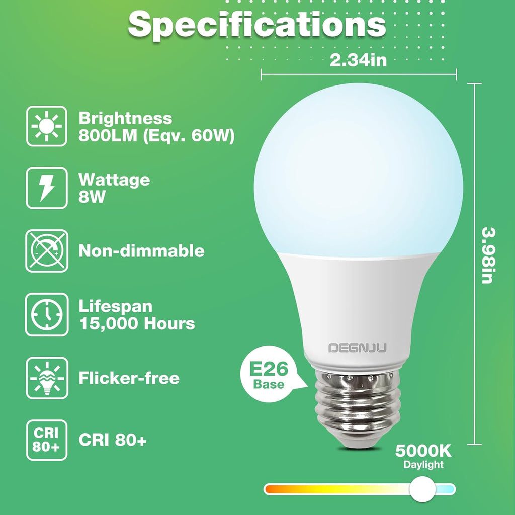 LED Light Bulbs Daylight 5000K, 60 Watt Equivalent LED Bulbs, A19 Standard Bulbs, 800 LM, 15000 Hours, E26 Base, Non