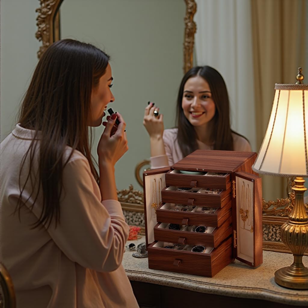 Wooden Jewelry Box for Women Girls, Large Walnut Wood Organizer