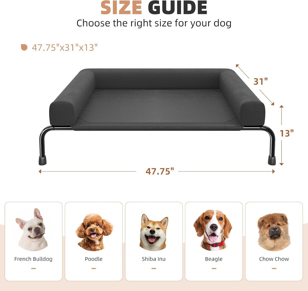 Elevated Dog Bed for Large Dogs, Cooling Raised Pet Cot with Breathable Mesh and Bolsters, Removable & Waterproof