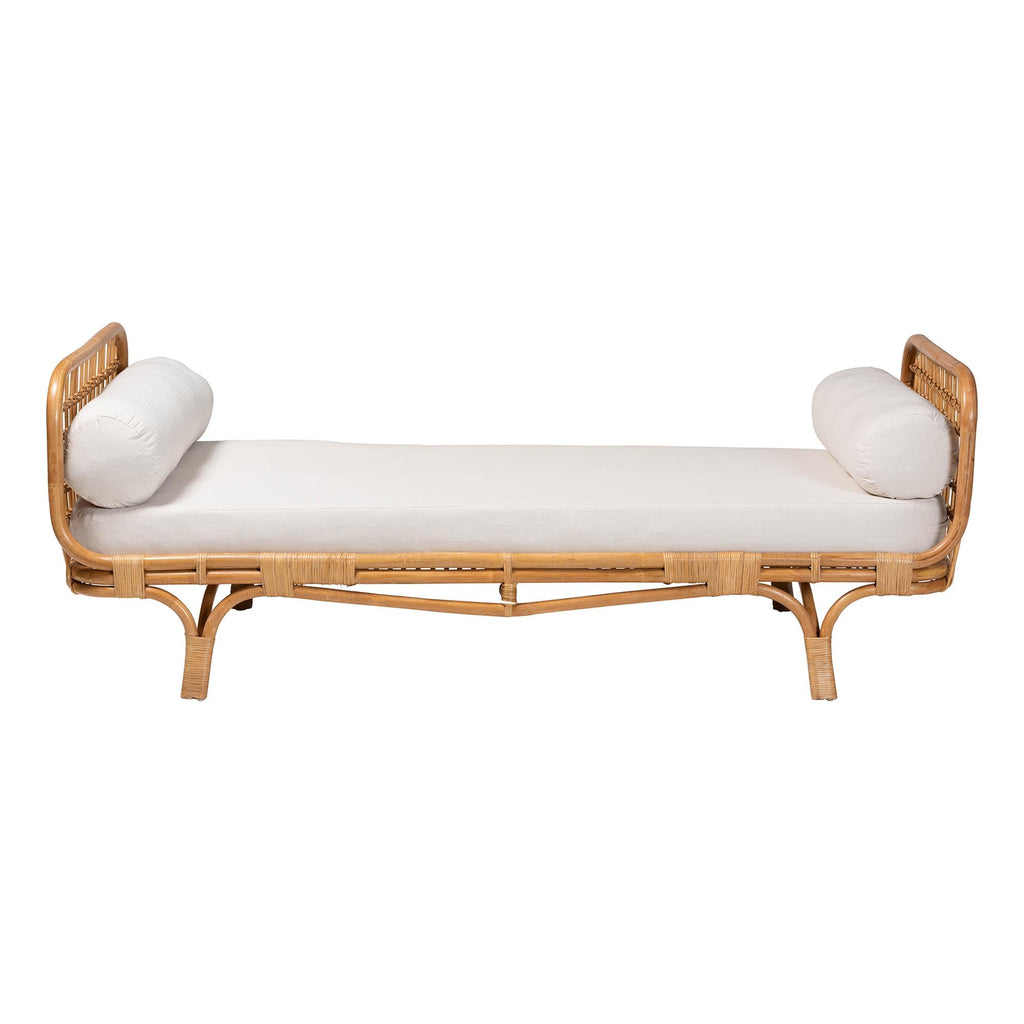 Aiko Handwoven Natural Rattan Daybed with Cushion - Boho Coastal Lounge Bed, or Sunroom