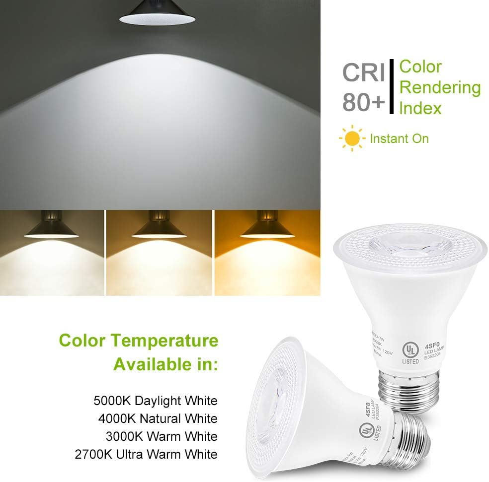 7W Par20 LED Bulb (50W Equivalent), UL Listed, 5000k Daylight White Dimmable Flood Bulbs Lights, 500 Lumens, E26